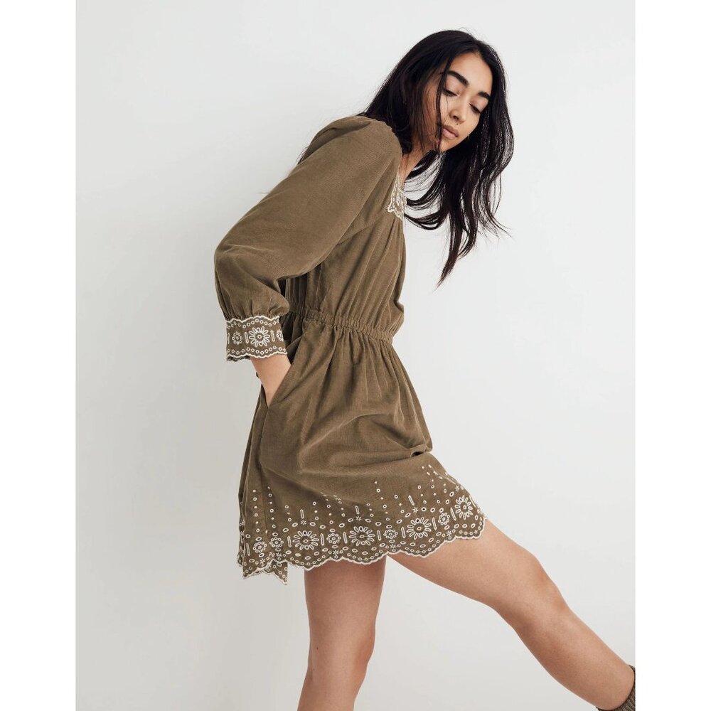 MADEWELL Embroidered Corduroy Square-Neck Mini Dress Olive Green sz M Women's - Picture 2 of 10